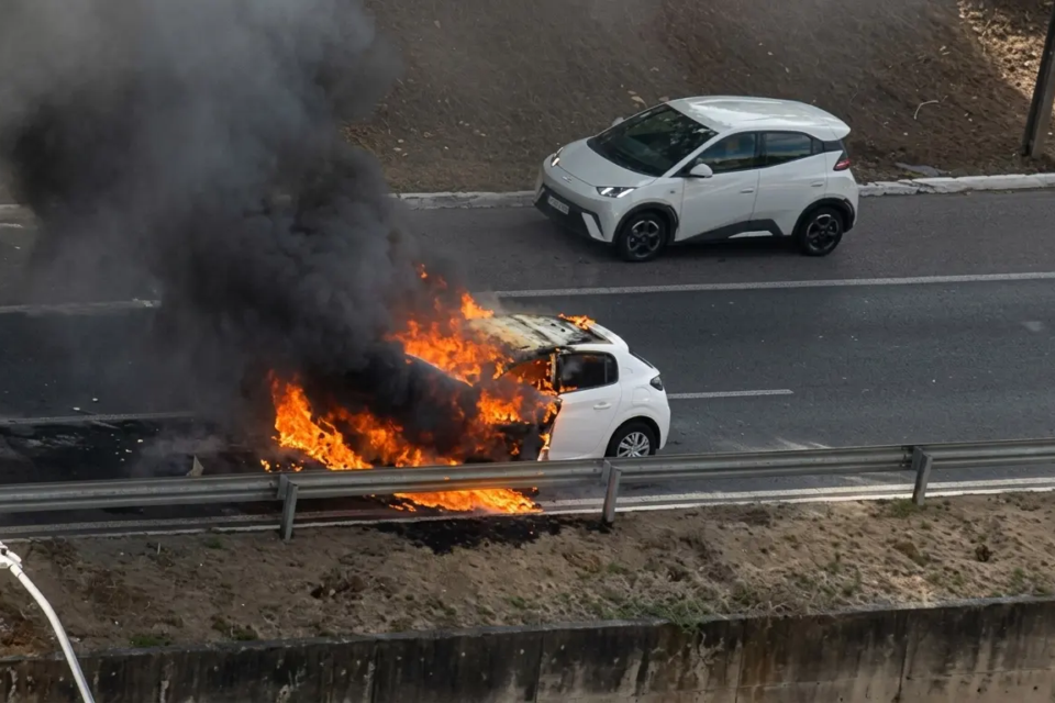 Carro pega fogo após engavetamento com seis veículos na Marginal Botafogo, em Goiânia